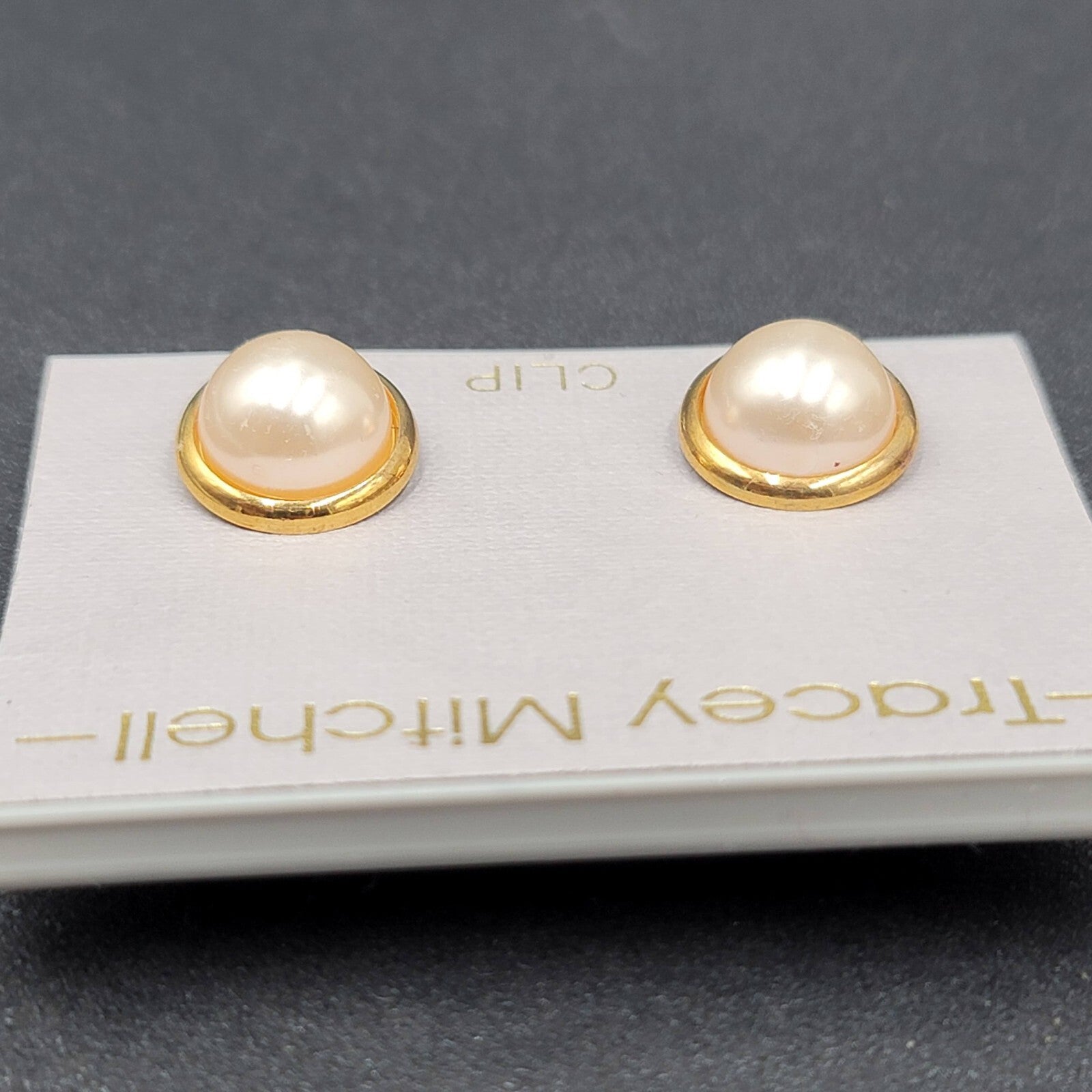 Vintage Tracey Mitchell Clip on Earrings Gold tone Faux Pearl Studs NOS 1/2"