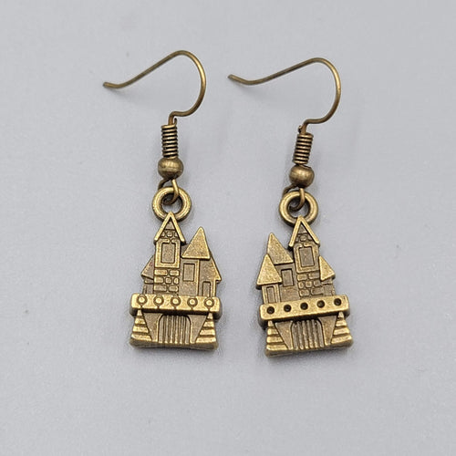 Castle House Pierced Earrings Bronze tone Embossed Dangle New 7/8"