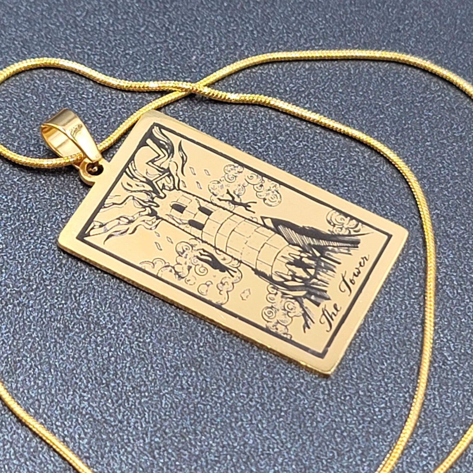 The TOWER Tarot Card Pendant Necklace Major Arcana Gold tone 18”.