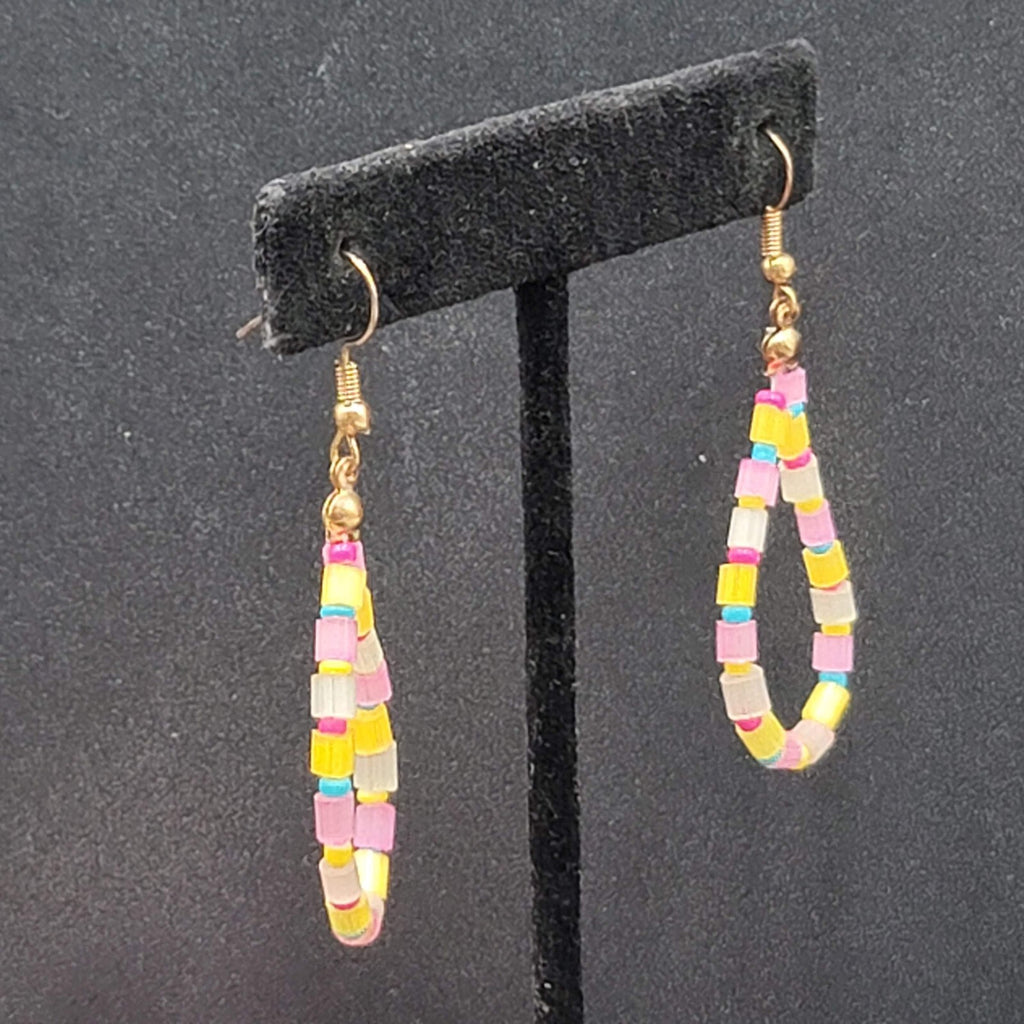 Pierced Earrings Blue Yellow Pink Beaded Teardrop Hoops 1.75"