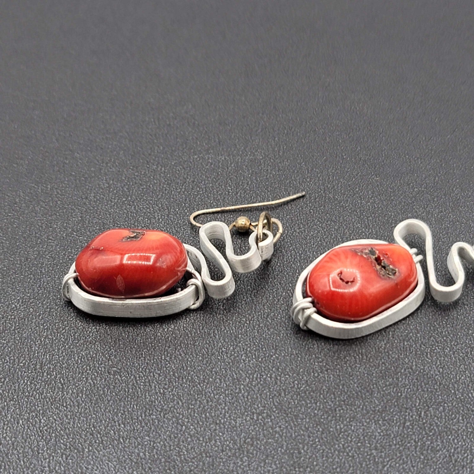 Artisan Pierced Earrings Large Coral Bead Silver tone Dangle 2"