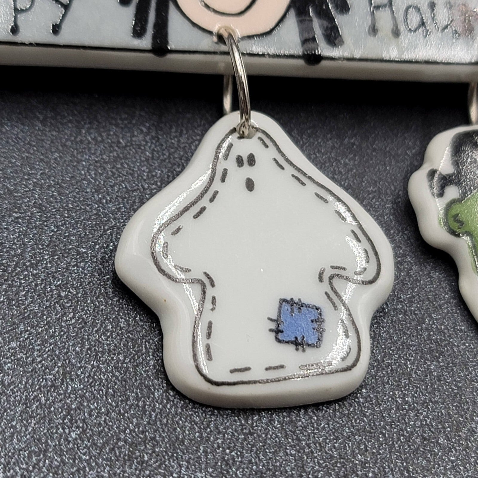 Vintage Halloween Brooch Ceramic Dangle Charms Happy Haunting 3 3/8"