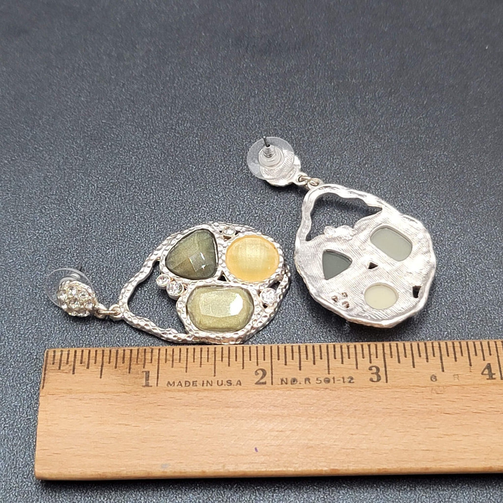 Pierced Earrings Silver tone Green Acrylic Rhinestone Statement Dangle 2.25"