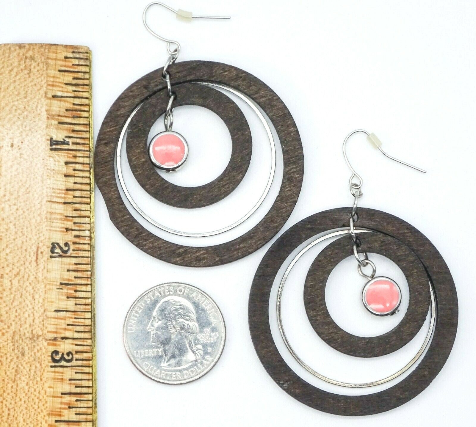 Large Wooden Spinner Circles Pierced Earrings 2" Silver tone Pink Enamel 