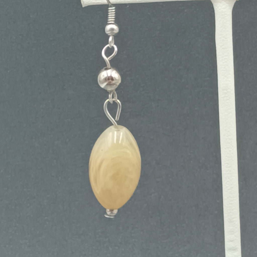 Pierced Earrings Silver tone Tan Swirl Acrylic Bead Dangle 1.5"