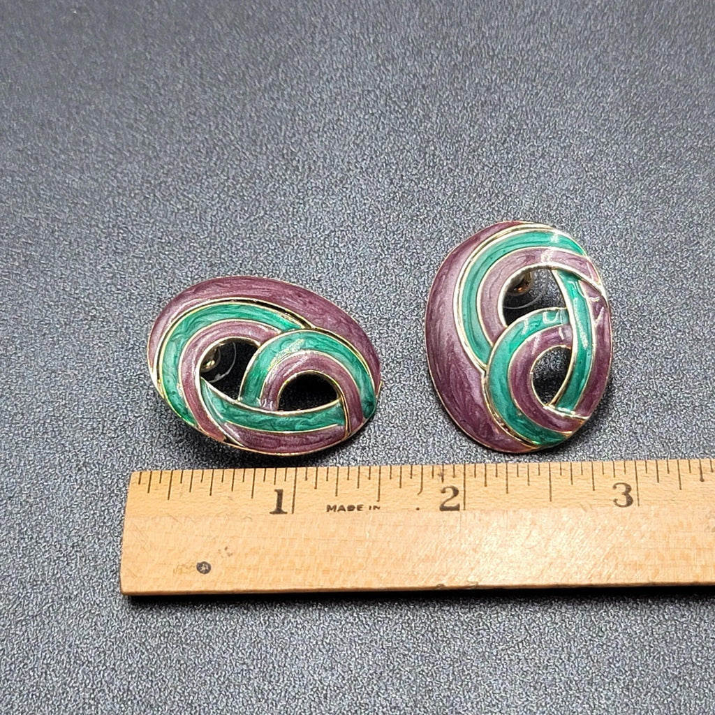Vintage Pierced Earrings Purple Teal Blue Swirl Enamel Gold tone Drop 1.5"