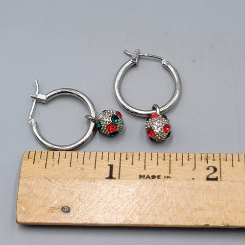 Christmas Red Green Crystal Pierced Earrings Silver tone Dangle Hoops 1 in