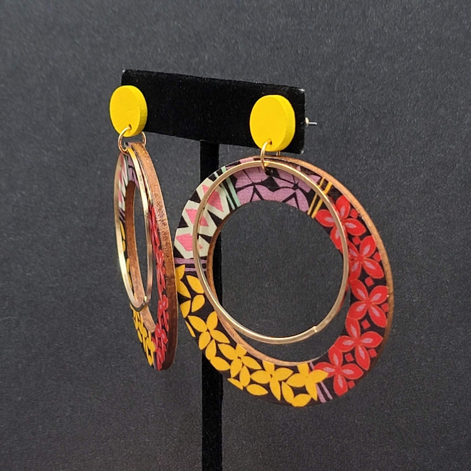 Pierced Earrings Multicolor Yellow Gold tone Wood Hoops Statement 2 3/8"