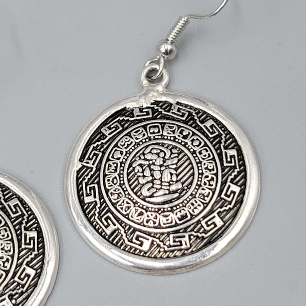 Mexico Mexican Motif Pierced Earrings Round Silver tone Dangle 1.25"