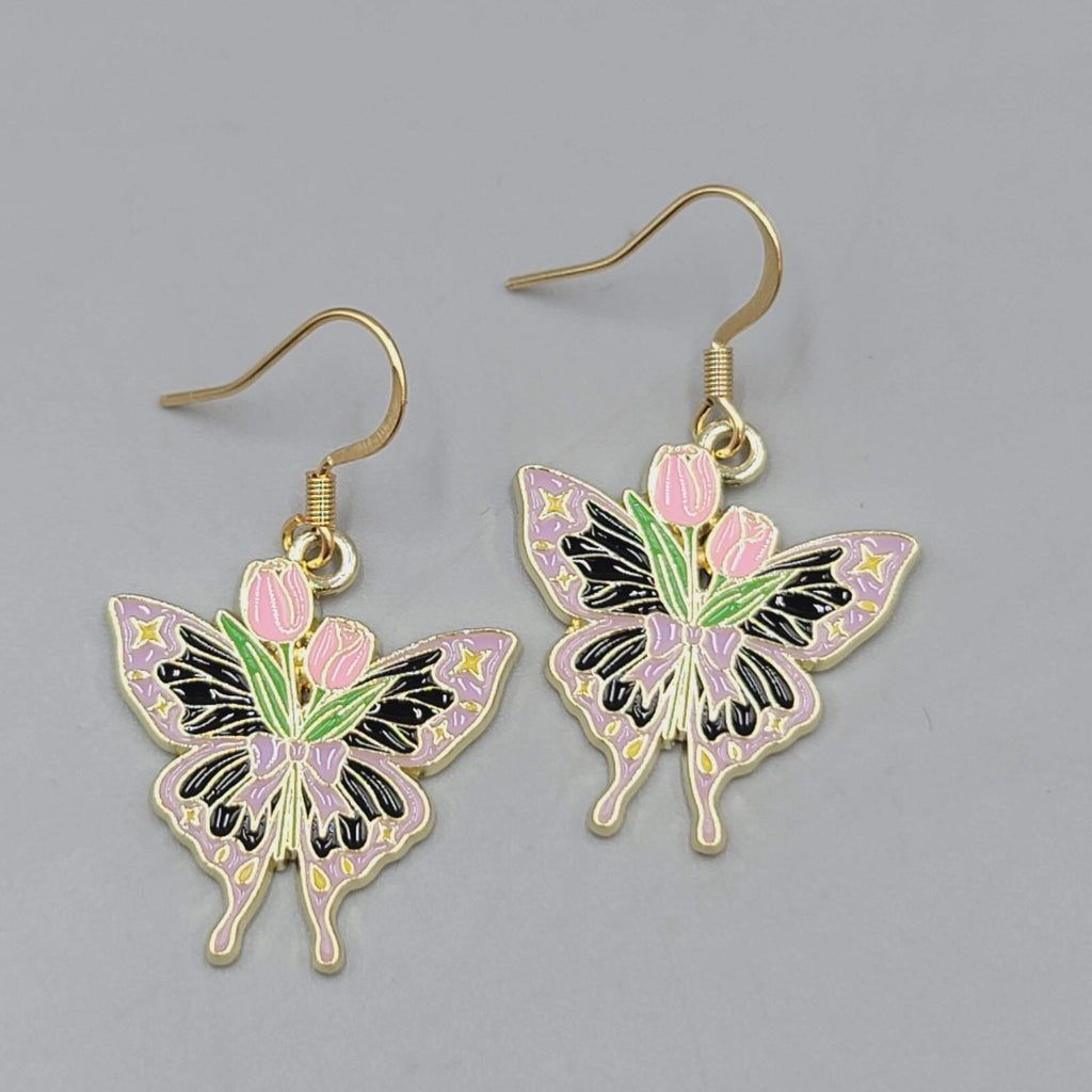 Pink Tulip Purple Moth Enamel Pierced Earrings Gold tone Dangle Butterfly 1"