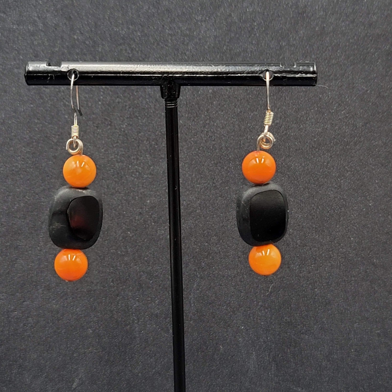 Halloween Pierced Earrings Black Orange Glass Bead Dangle 1.25"