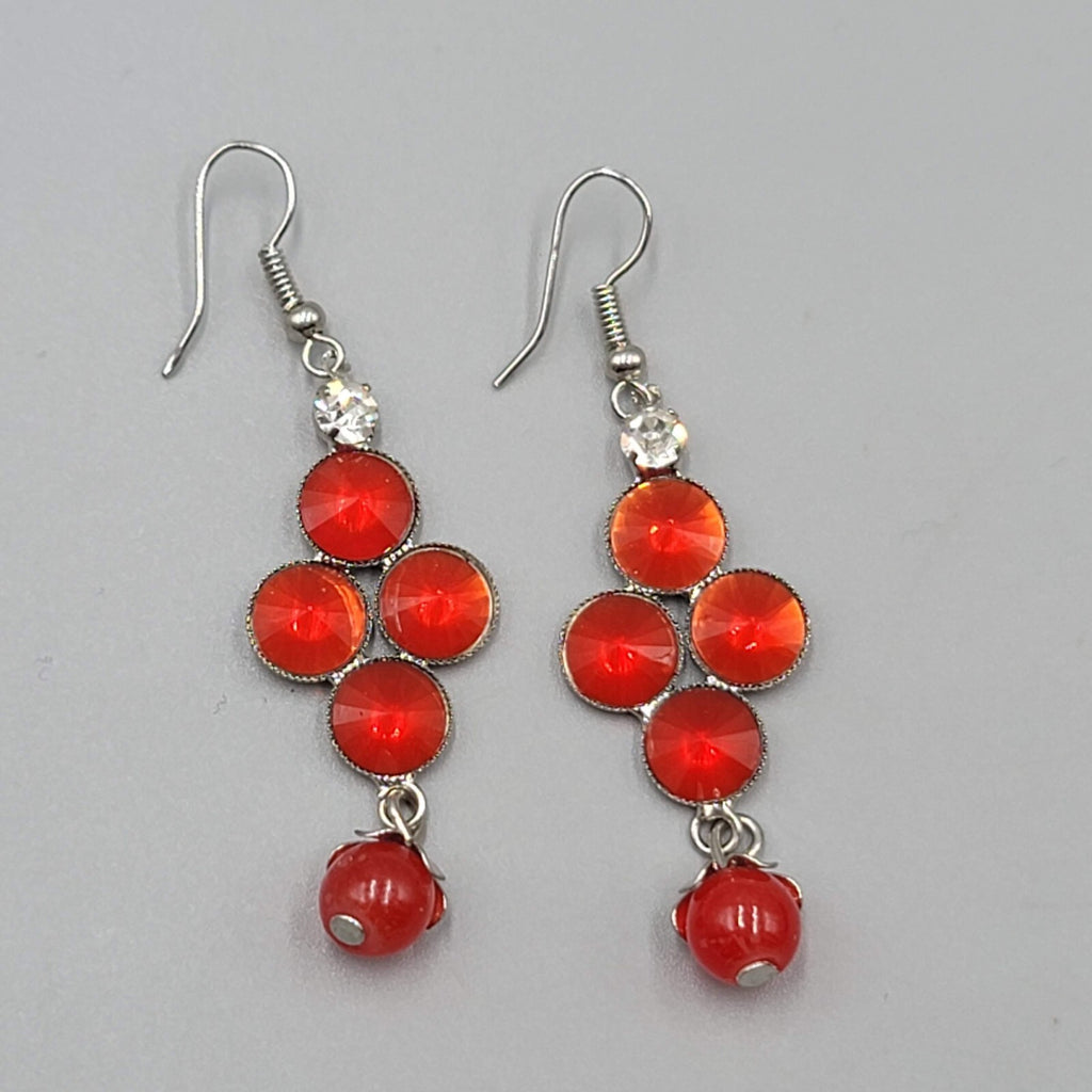 Red Rivoli Rhinestone Pierced Earrings Silver tone Dangle 1.75"