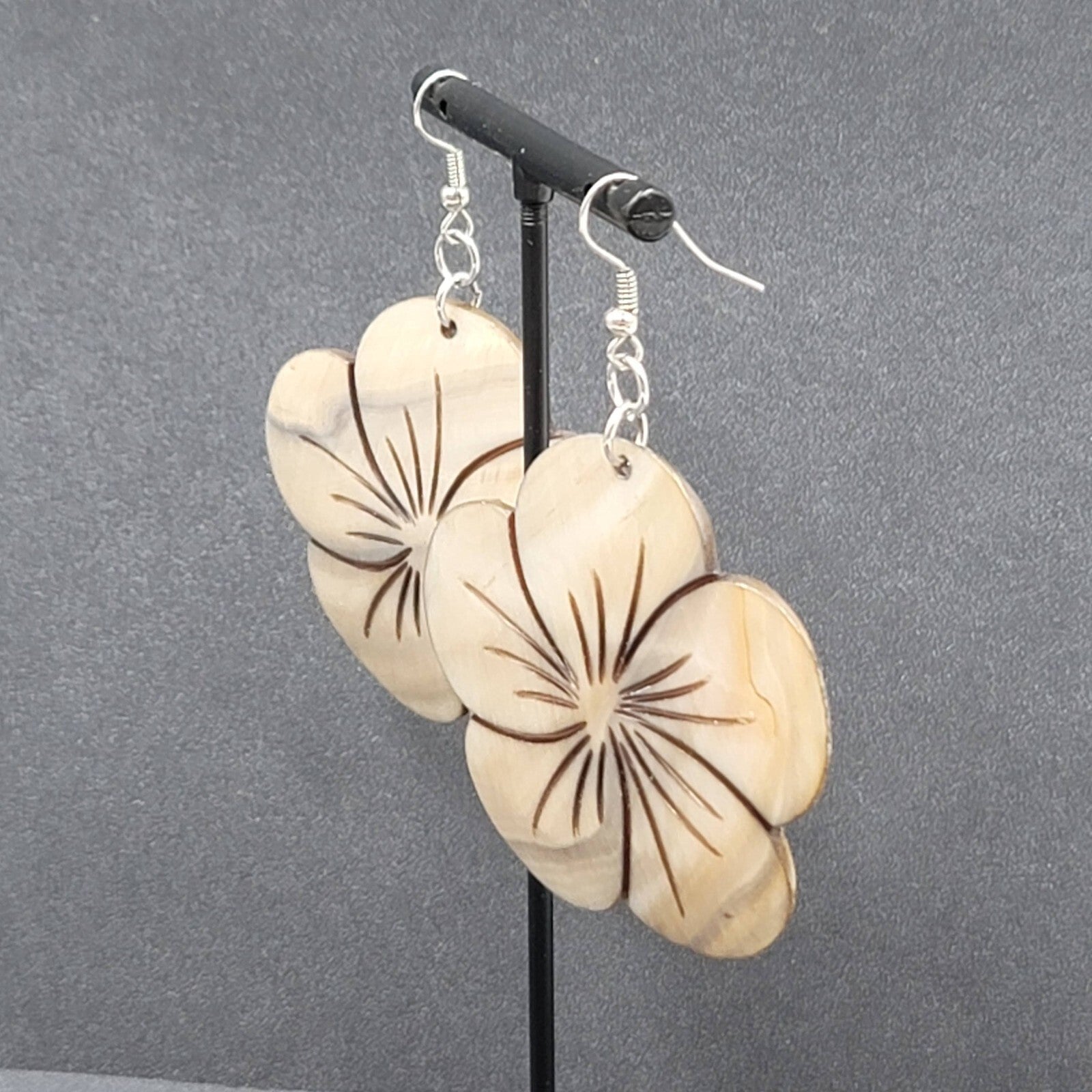 Flower Pierced Earrings Large Carved Shell Silver tone 2"