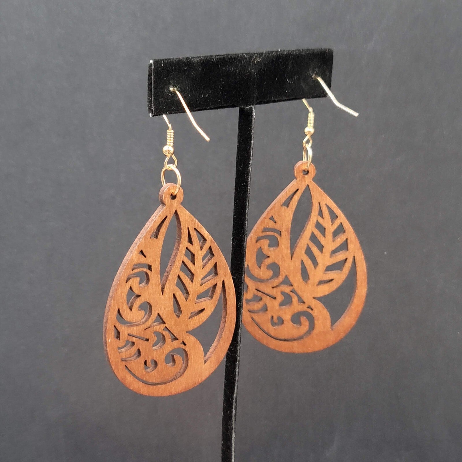 New Boho Pierced Earrings Solid Wood Teardrop Leaves Large Statement 2.5"