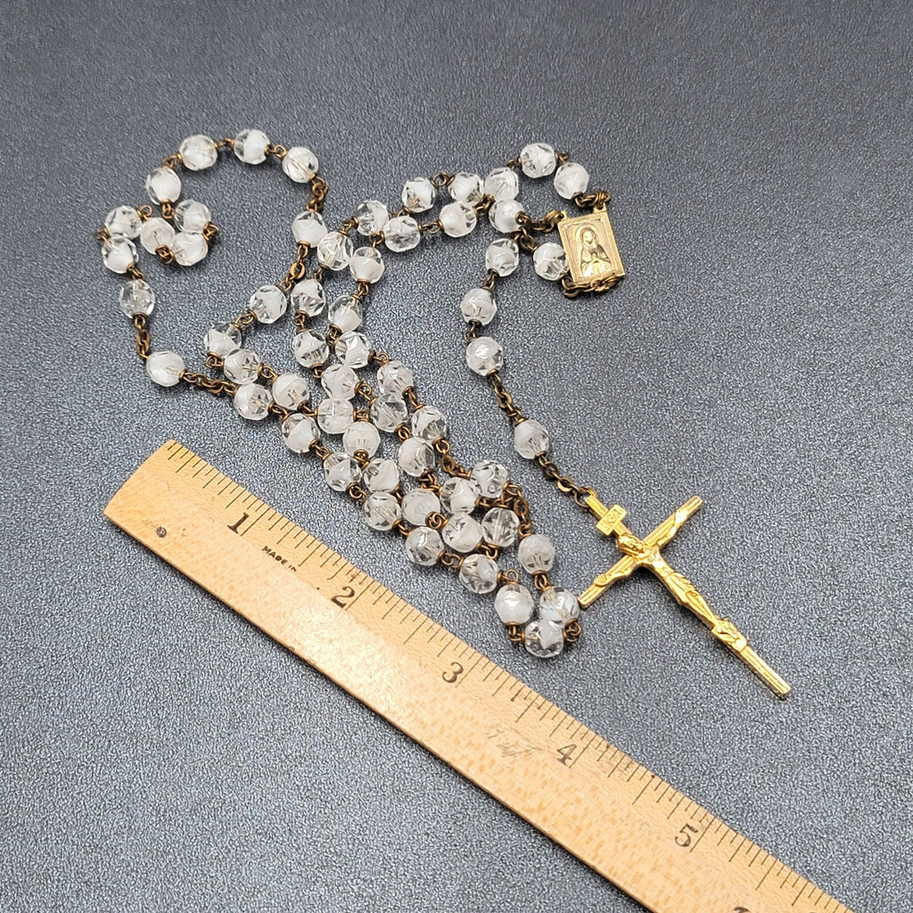 Vintage White Clear Glass Bead Catholic Rosary Crucifix Gold tone