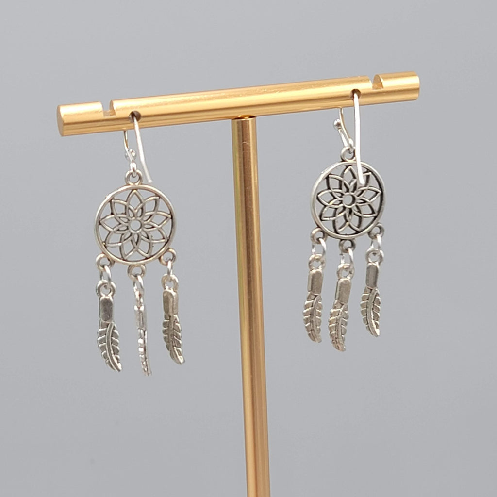 Dream Catcher Feather Pierced Earrings Silver tone Dangle 1.25 in