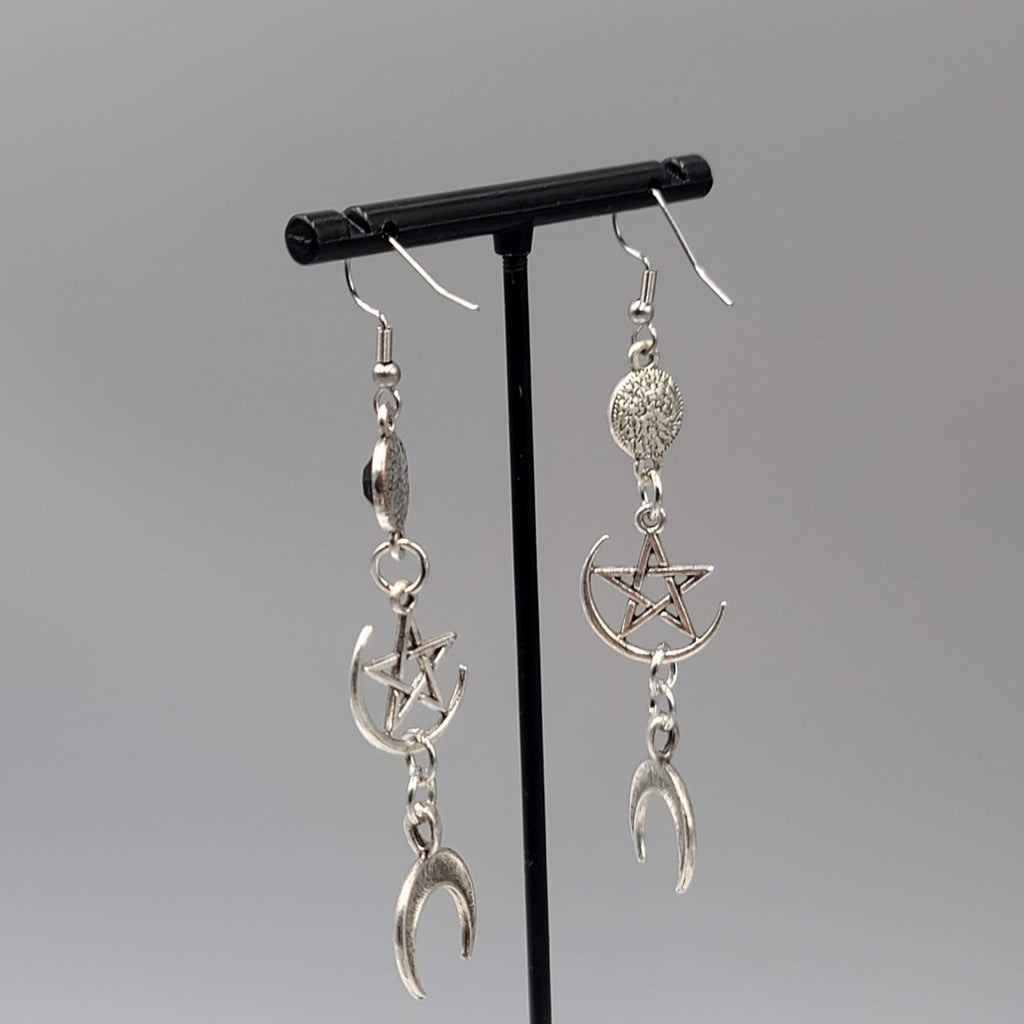 Pentagram Moon Pierced Earrings Black Accent Silver tone Long Dangle 2.5"