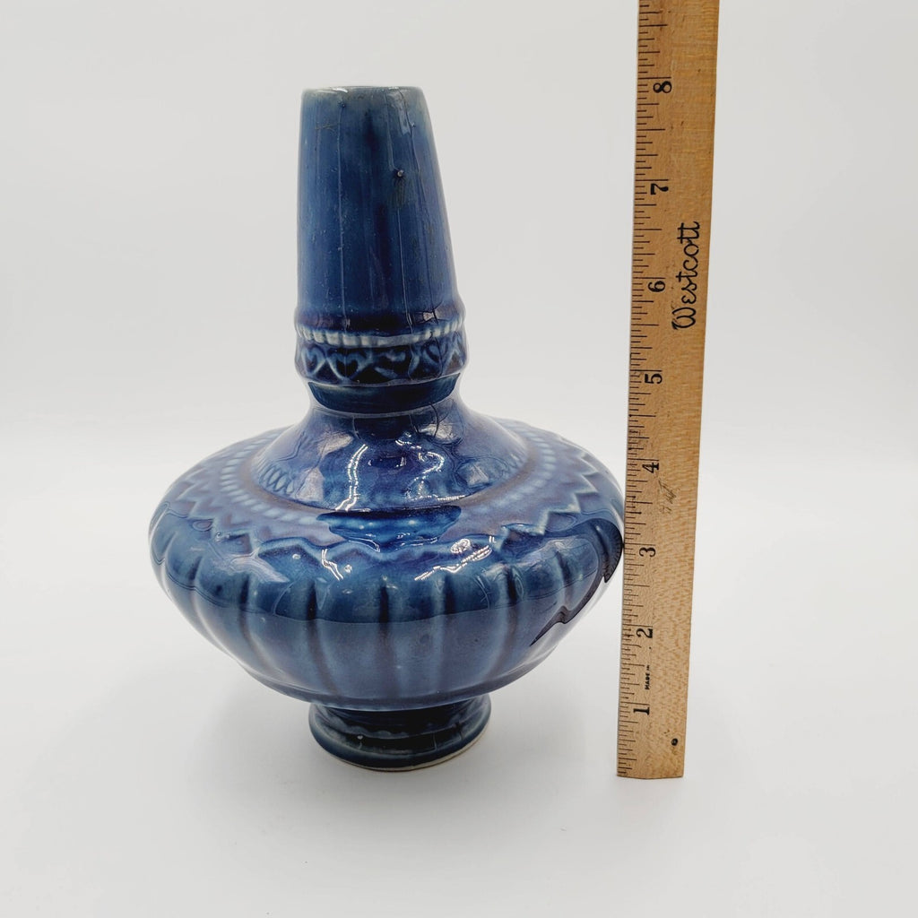 Art Pottery Vase Blue Glazed Geanie Bottle Decorative 8"