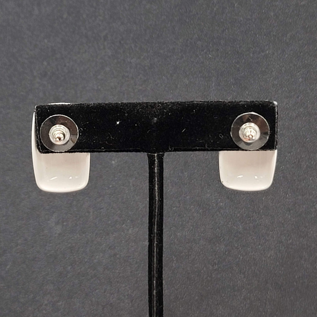 Vintage Pierced Earrings White Enamel over Metal Rectangle Drop 1"