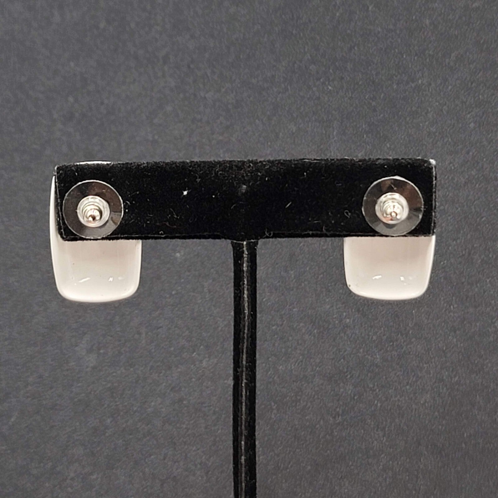 Vintage Pierced Earrings White Enamel over Metal Rectangle Drop 1"