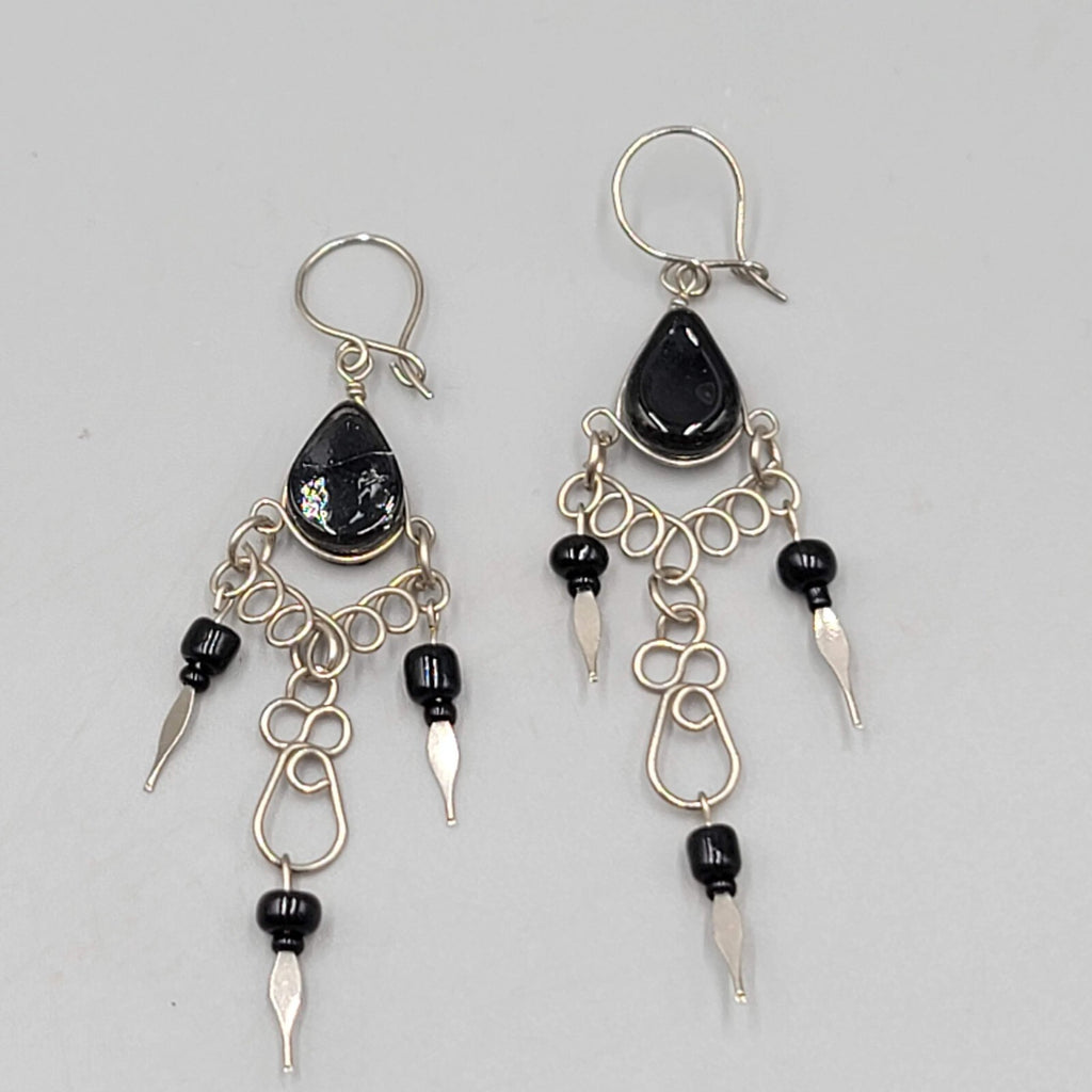 Vintage Black Glass Wire Wrap Pierced Earrings Silver tone Dangle 2"