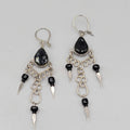 Vintage Black Glass Wire Wrap Pierced Earrings Silver tone Dangle 2"