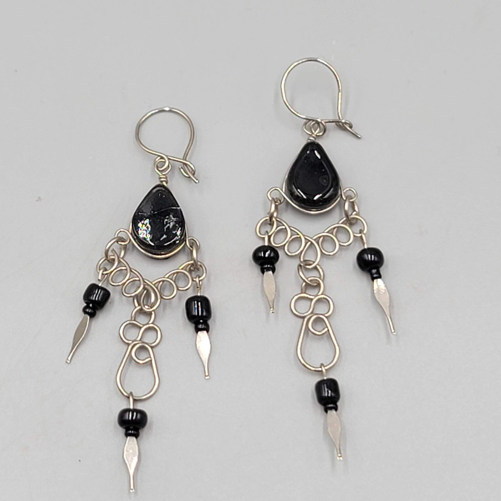 Vintage Black Glass Wire Wrap Pierced Earrings Silver tone Dangle 2"