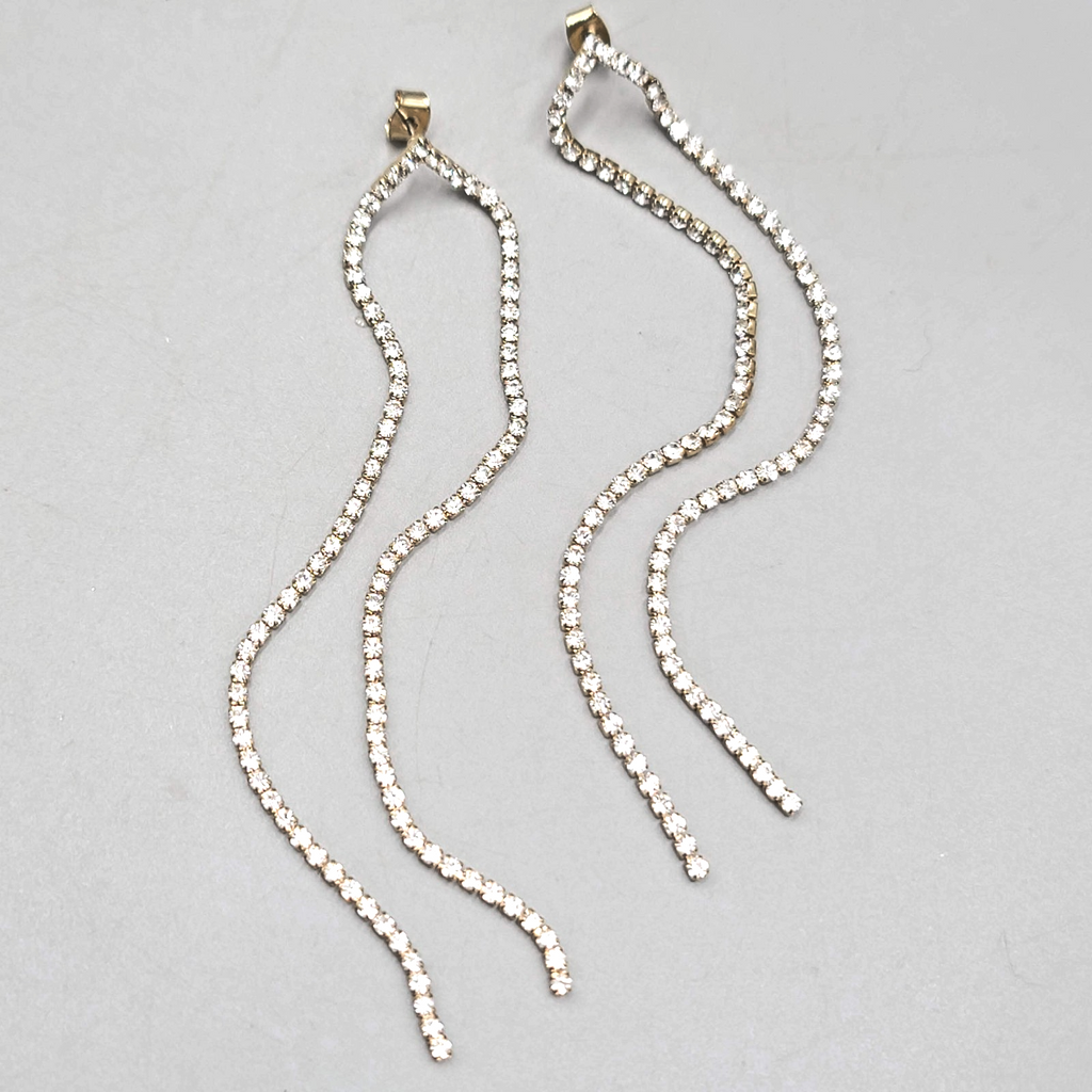 LONG Rhinestone Pierced Earrings Gold tone Dangle Prom Wedding Gala 4.75 in