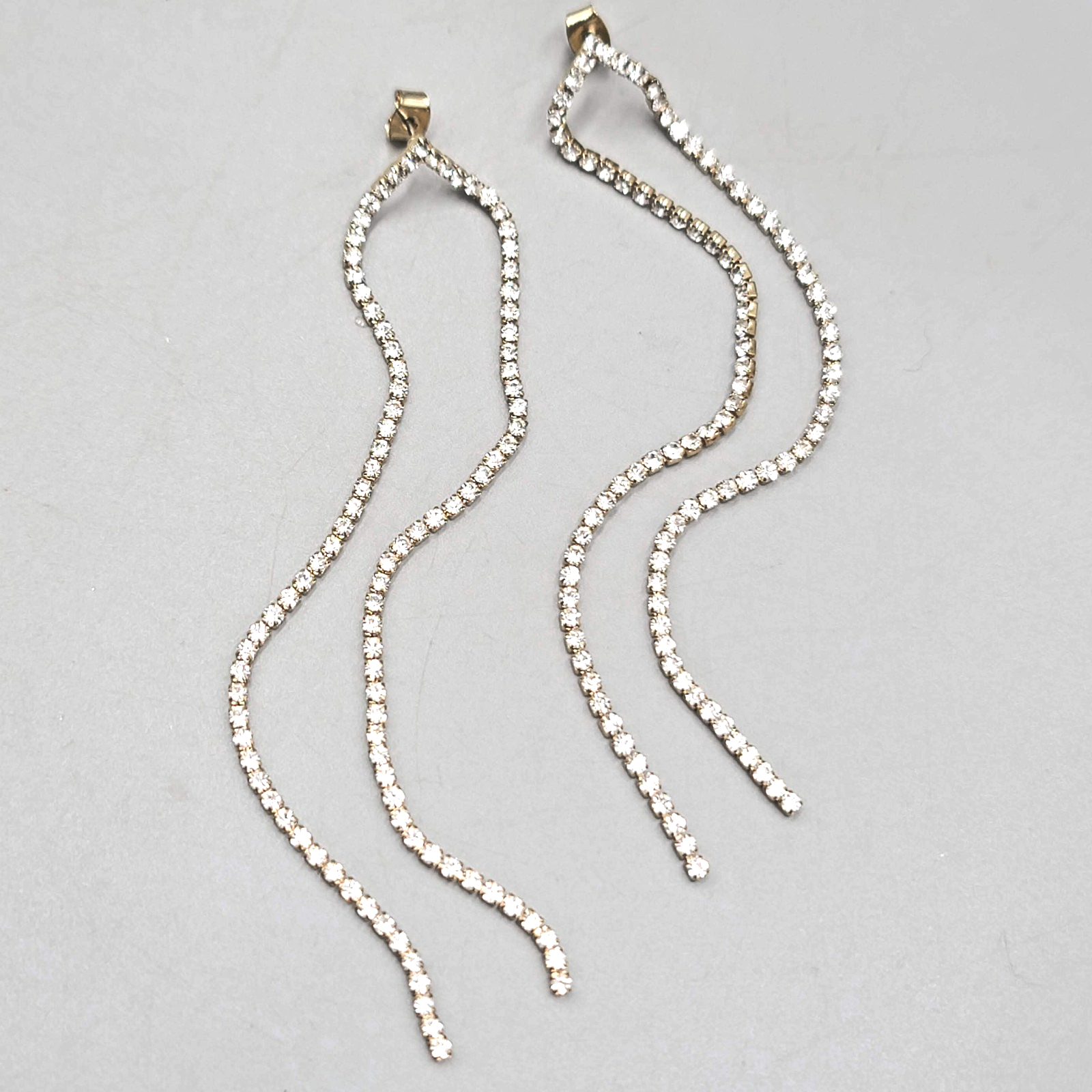 LONG Rhinestone Pierced Earrings Gold tone Dangle Prom Wedding Gala 4.75 in