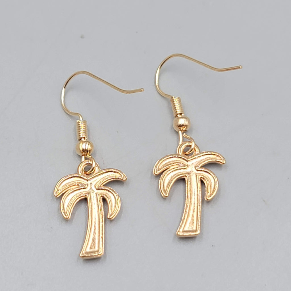 Enamel Palm Tree Pierced Earrings Gold tone Dangle Red Trunk 3/4"