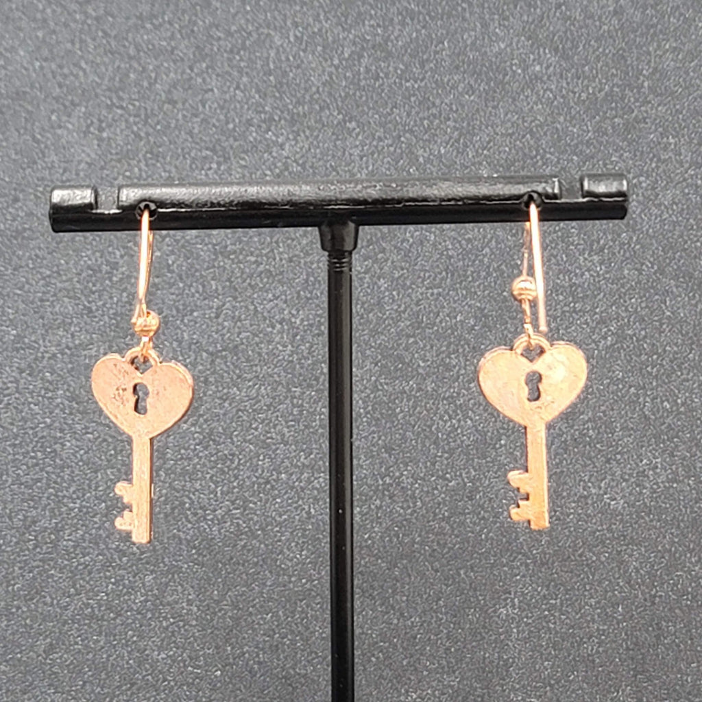 Heart Skeleton Key Pierced Earrings Bright Copper tone Dangle 7/8"