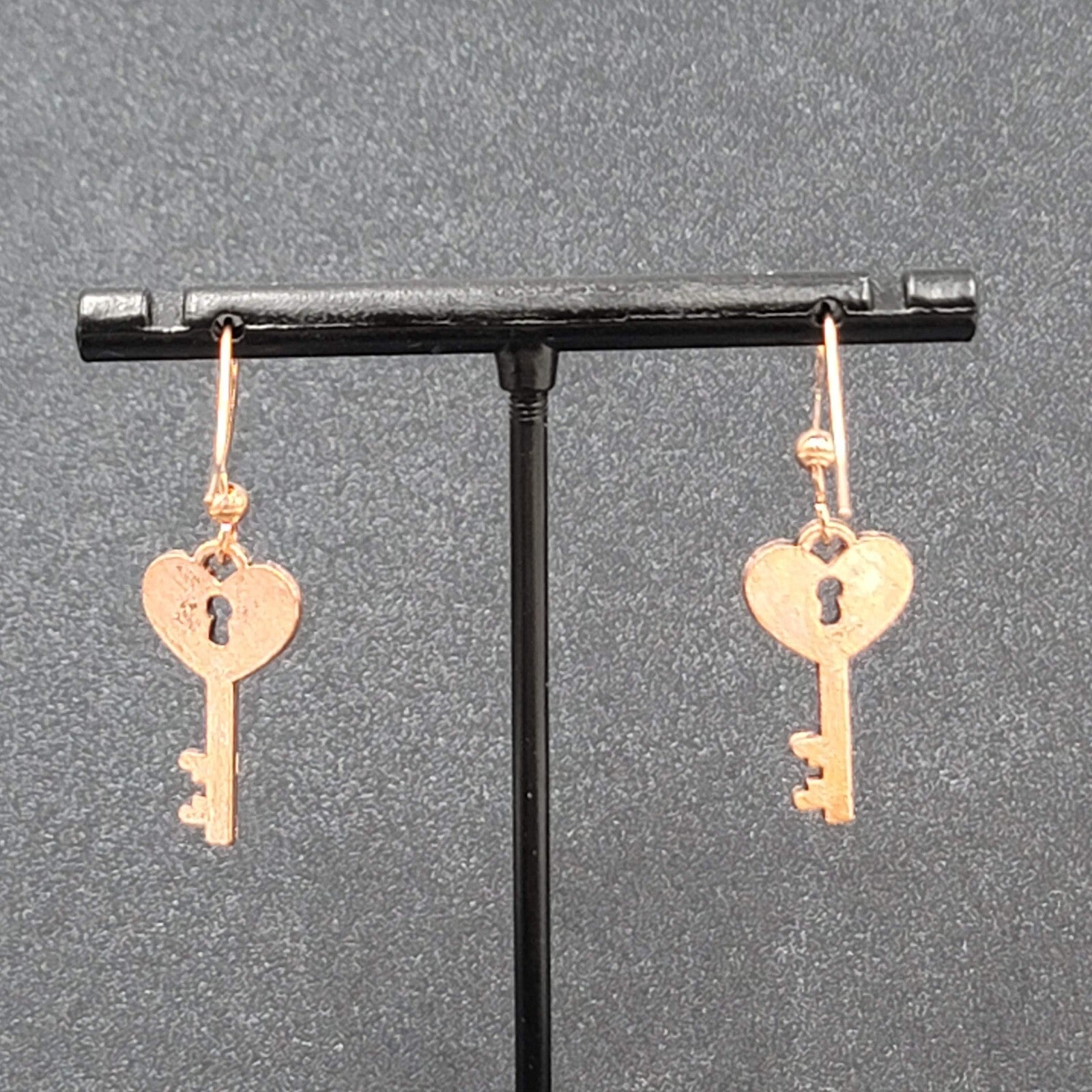 Heart Skeleton Key Pierced Earrings Bright Copper tone Dangle 7/8"