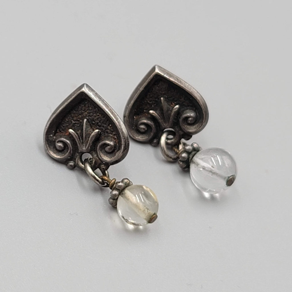 Vintage Pierced Earrings Dark Gray Clear Bead Dangle 1"