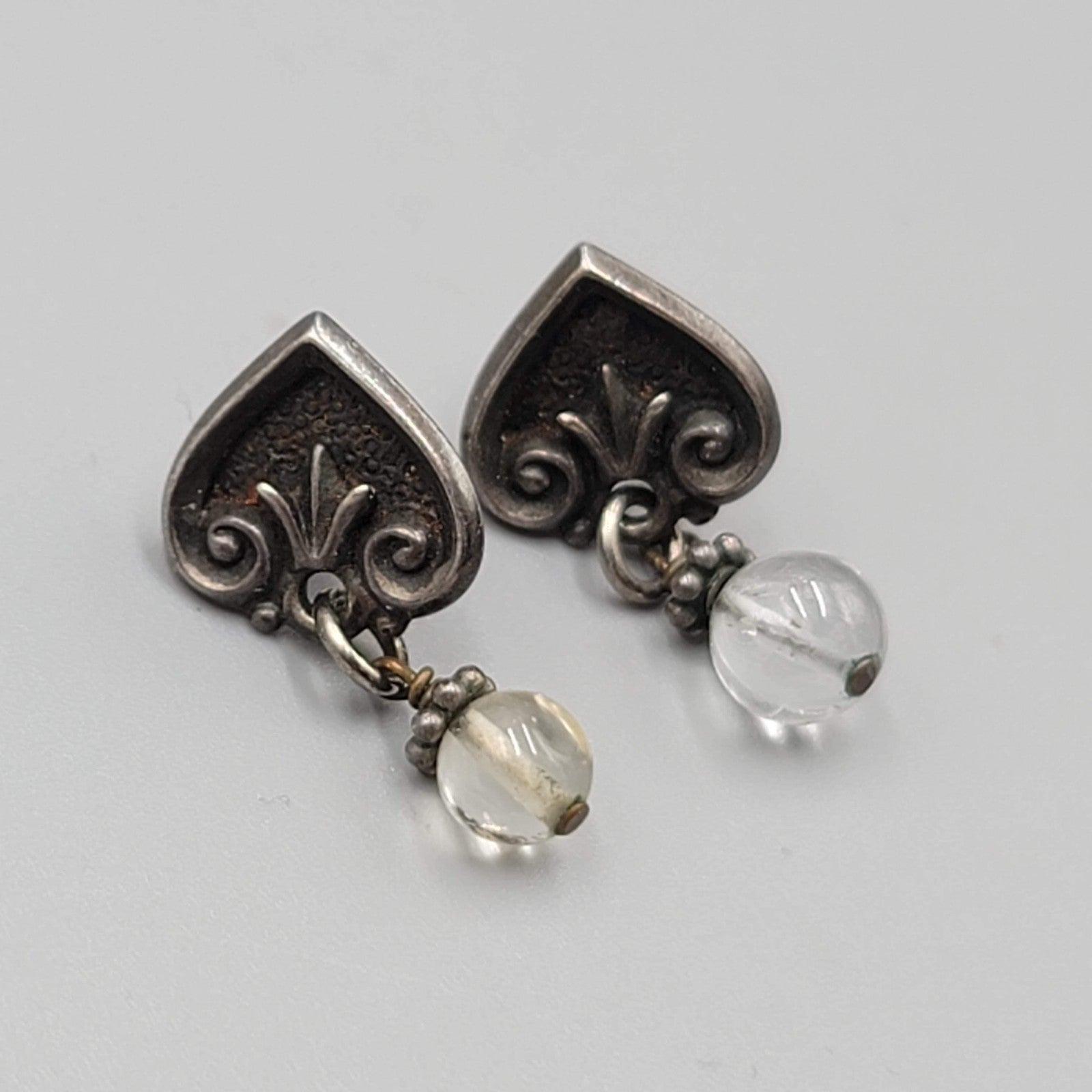 Vintage Pierced Earrings Dark Gray Clear Bead Dangle 1"