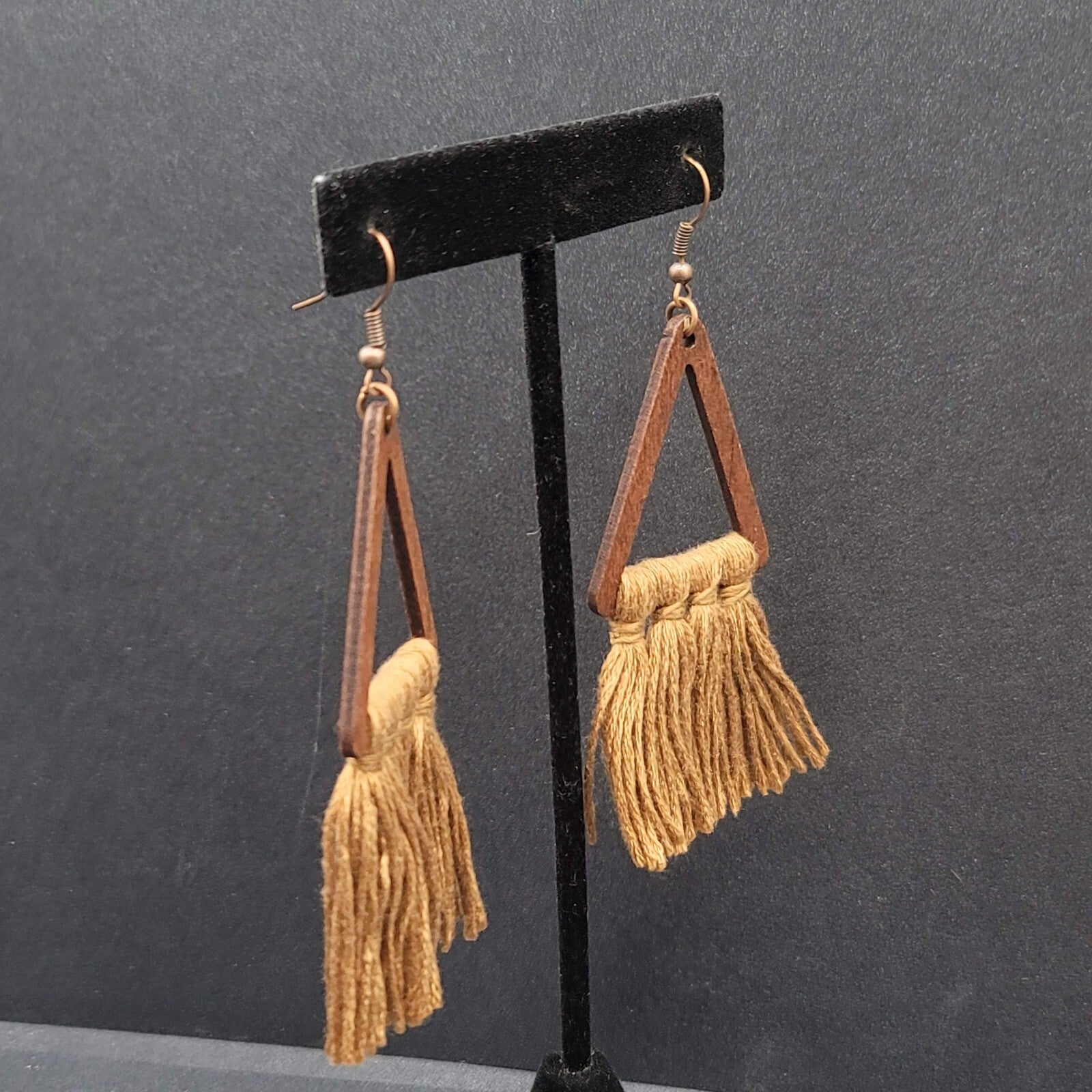 New Boho Pierced Earrings Wood Triangle Gold Brown Tassel Statement 3"