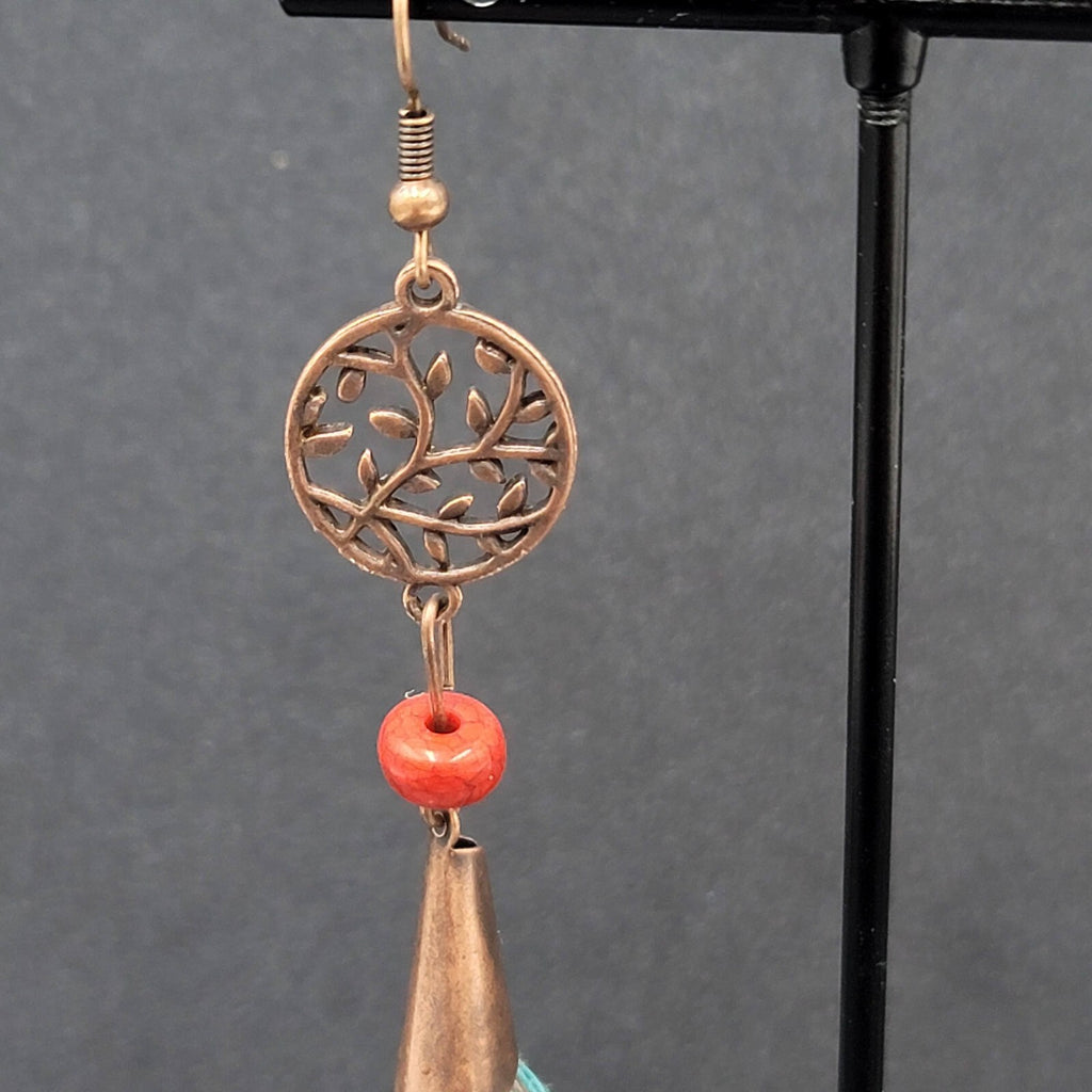 Pierced Earrings Copper tone Round Open Work Tassel Beaded Dangle 3"