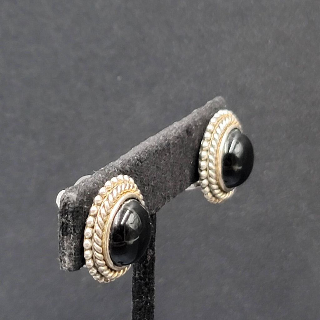 Vintage Clip on Earrings Silver Plated Black Stone Cabochon Studs 3/4"