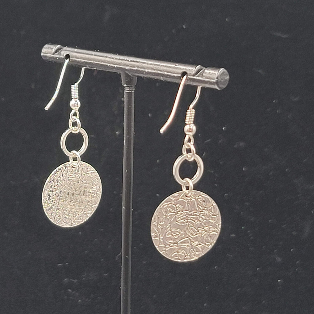 Embossed Circle Pierced Earrings Silver tone Dangle 1.25"