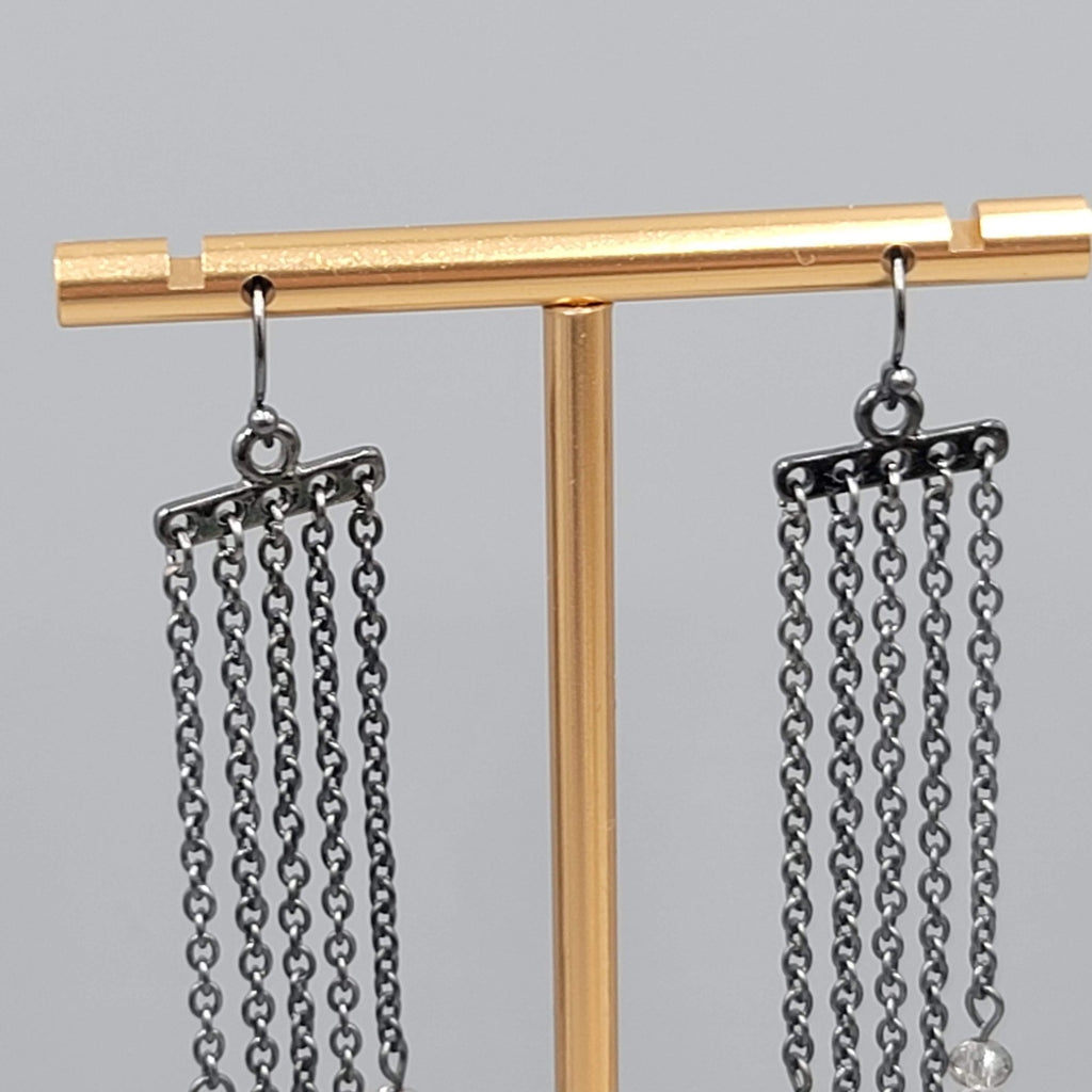 Black Metal Pierced Earrings Long Dangle Chains Beaded 3"
