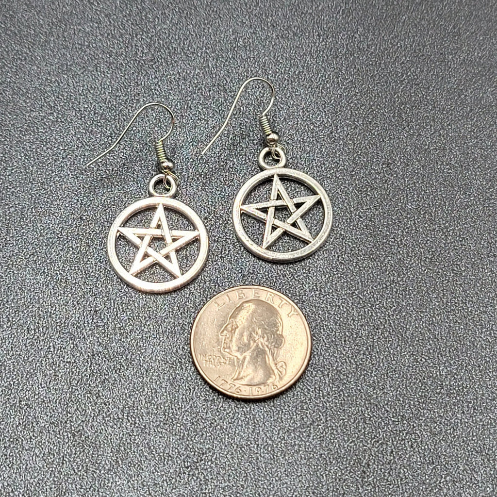 New Pentagram Circle Pierced Earrings Smooth Silver tone Dangle 1"