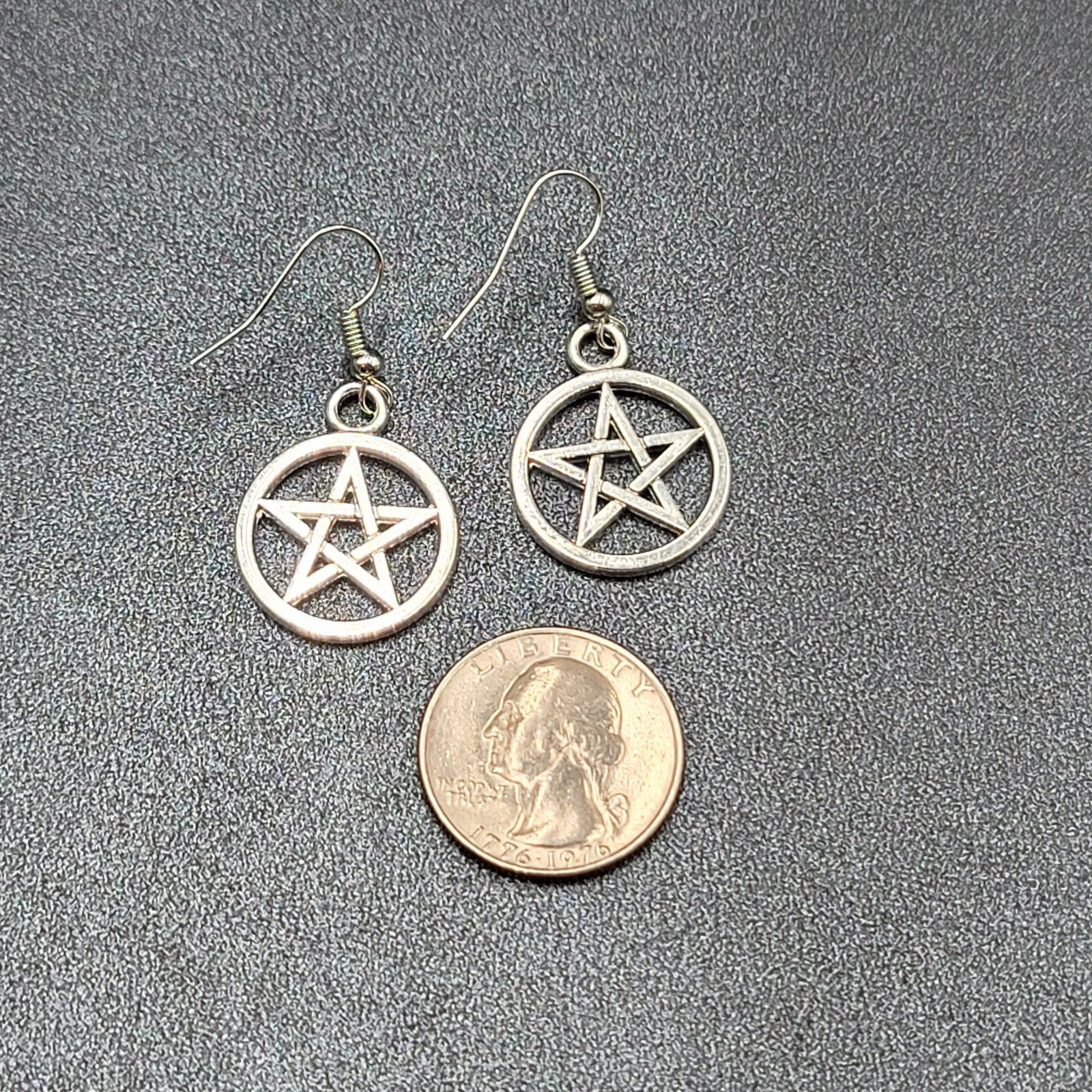 New Pentagram Circle Pierced Earrings Smooth Silver tone Dangle 1"