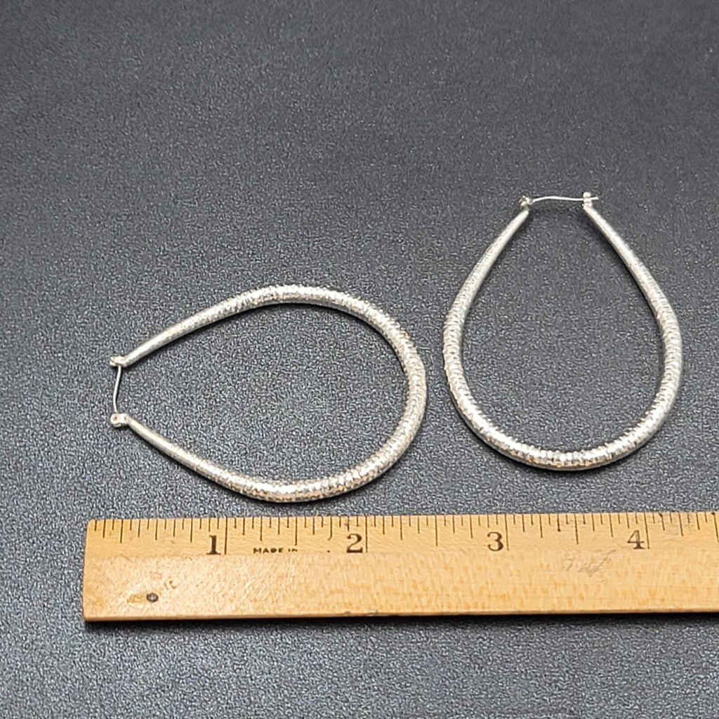 Pierced Earrings Silver tone Large Textured Hoops Teardrop Dangle 2.25"