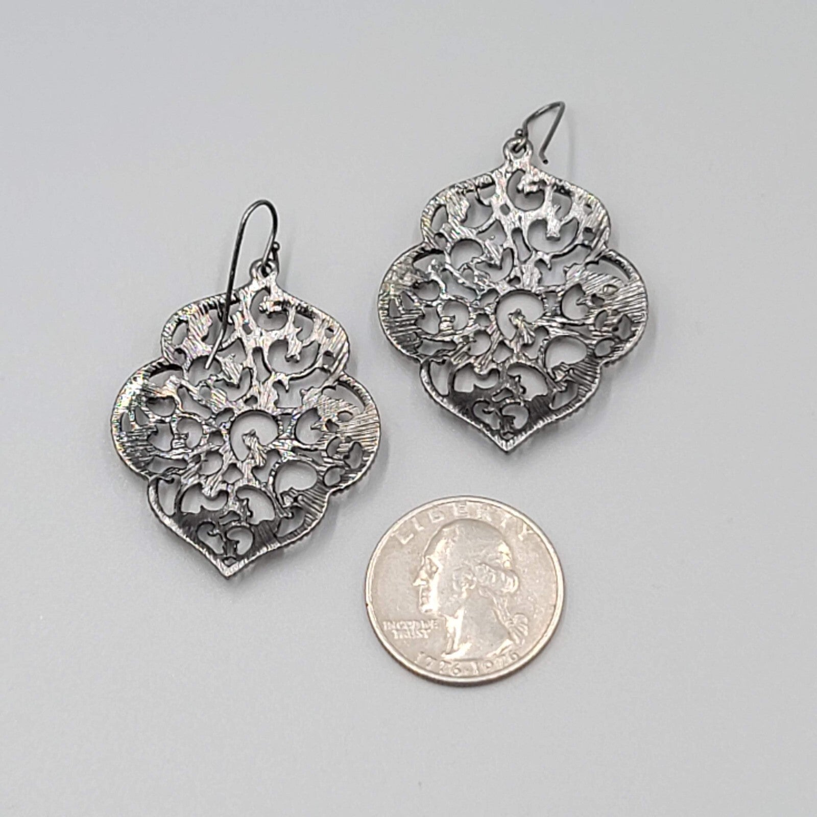 Pierced Earrings Black Metal Crystal Rhinestone Filigree Dangle 1.75"
