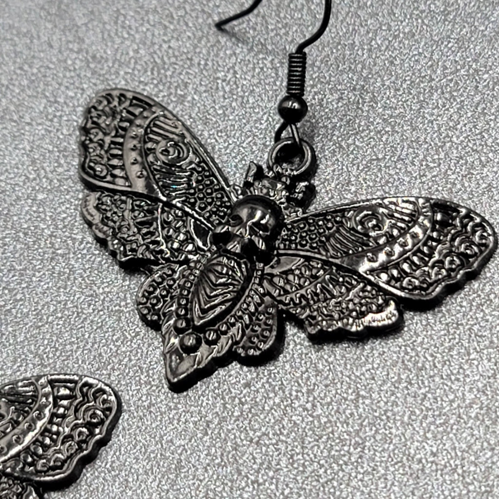 Death Head Moth Pierced Earrings Black Enamel Dangle 1" x 1 5/8" 
