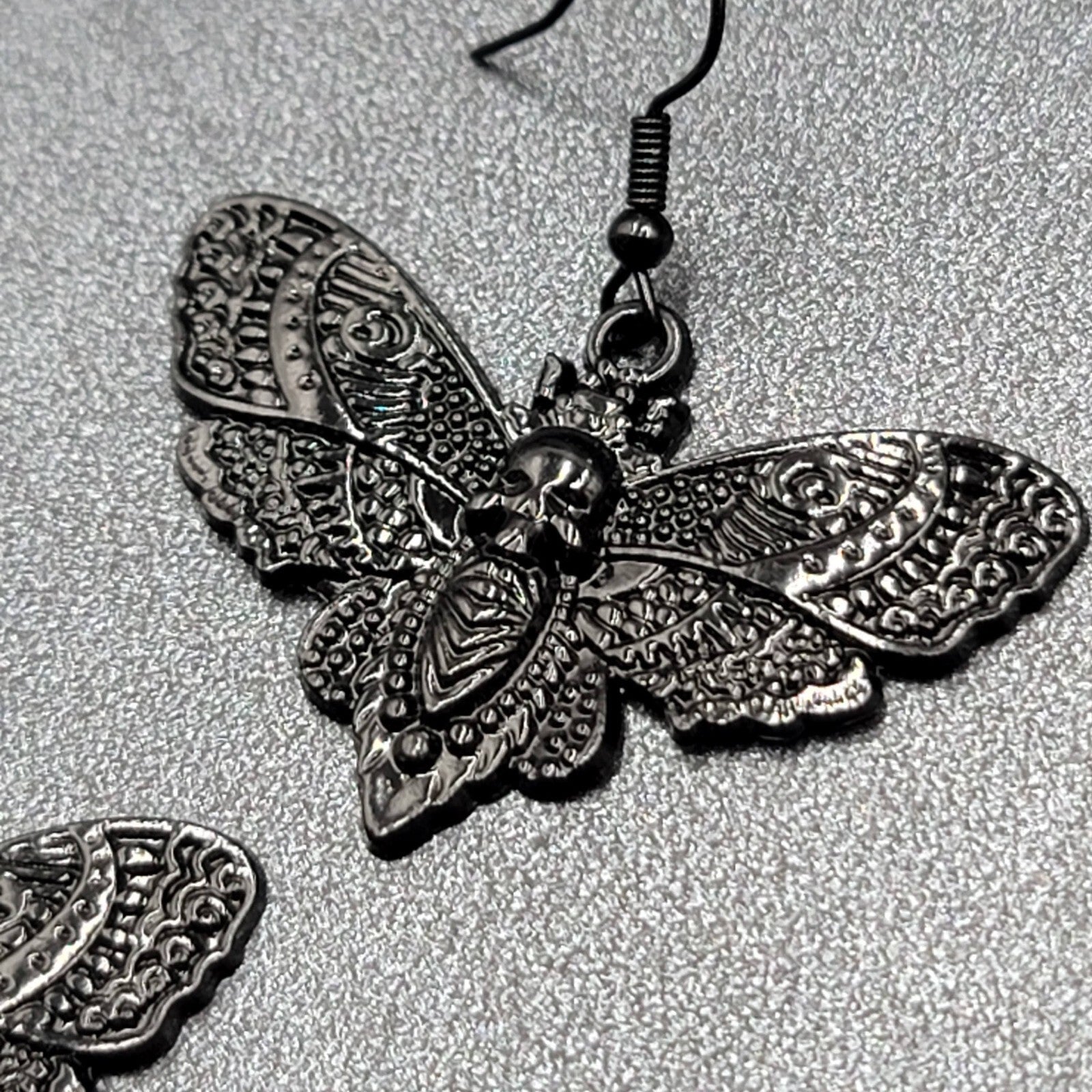 Death Head Moth Pierced Earrings Black Enamel Dangle 1" x 1 5/8" 