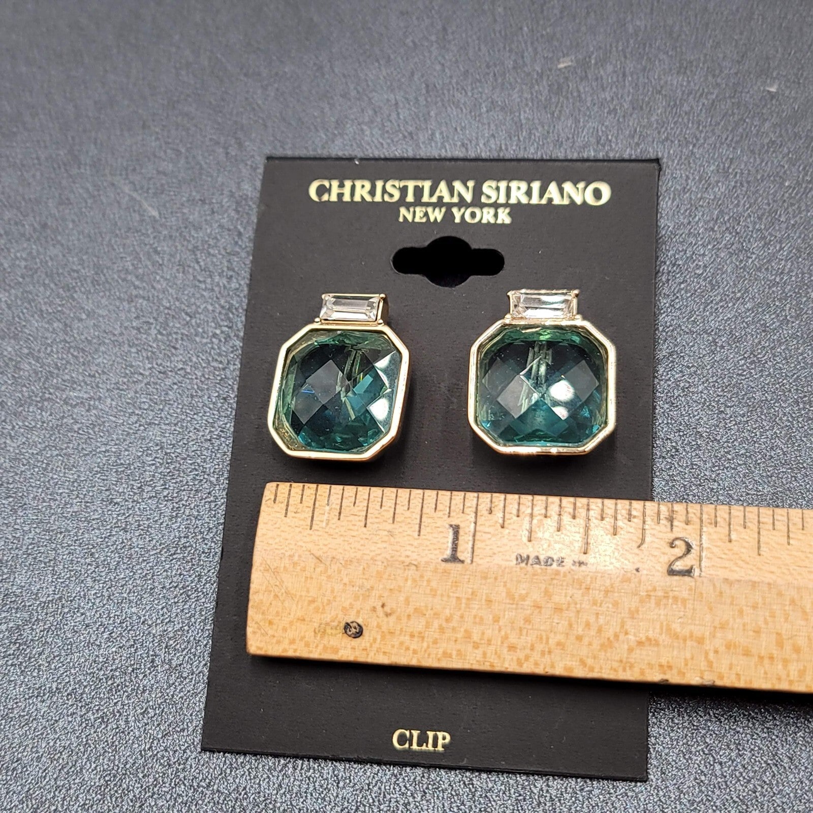 Christian Siriano New York Clip on Earrings Gold Plated Faceted Light Blue Glass
