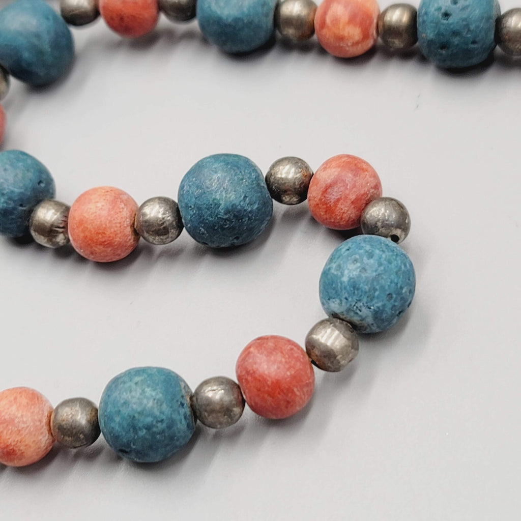 Vintage Beaded Necklace Red Blue Brass Handmade 22" Estate Costume Jewelry 