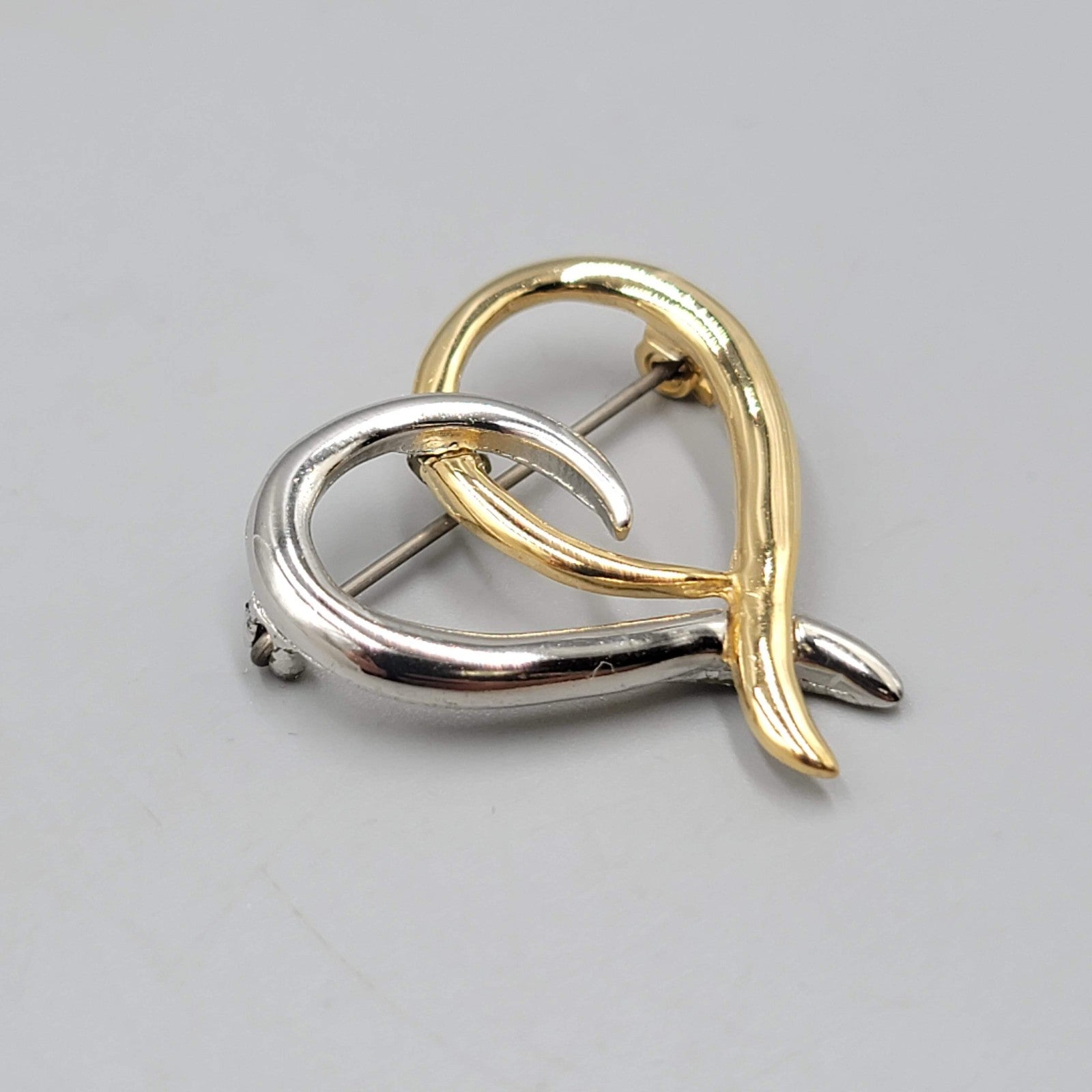Vintage Heart Brooch Open Work Gold and Silver Two Toned 1.25 in