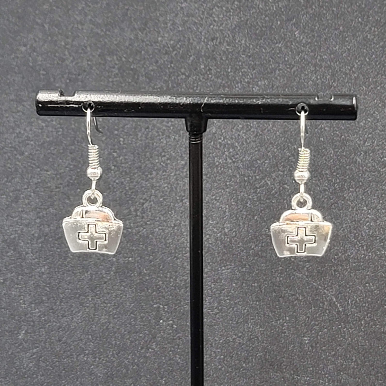 Nurse Cap Pierced Earrings Silver tone Retro Medical Dangle 1/2"