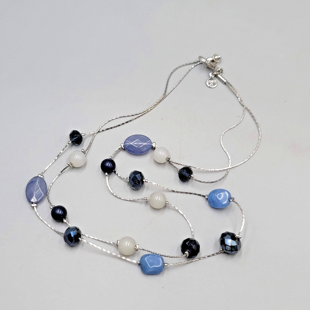 LOFT Blues White Glass Station Necklace Double Chain Silver tone 18"